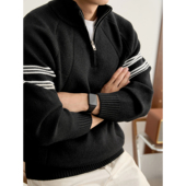 LUUD 重磅830g运动风休闲针织衫 卫衣男撞色条纹半拉链立领毛衣