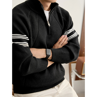 LUUD 卫衣男撞色条纹半拉链立领毛衣 重磅830g运动风休闲针织衫