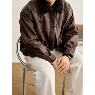 LUUD 加厚保暖内里加绒羊羔毛领皮衣外套男皮毛一体PU皮夹克 冬季