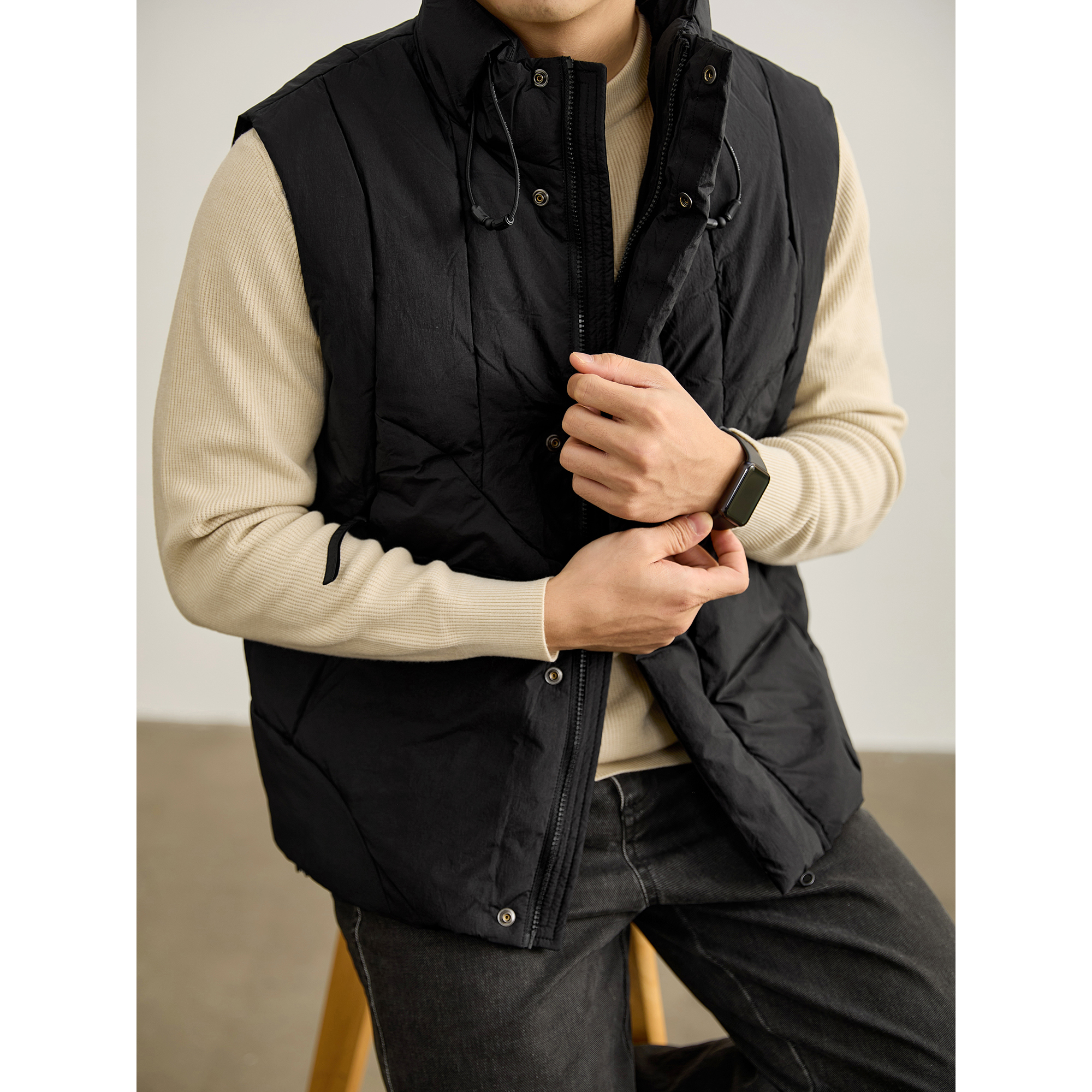 LUUD 山系工装风多功能抽绳设计立领羽绒马甲男鸭绒无袖夹克外套