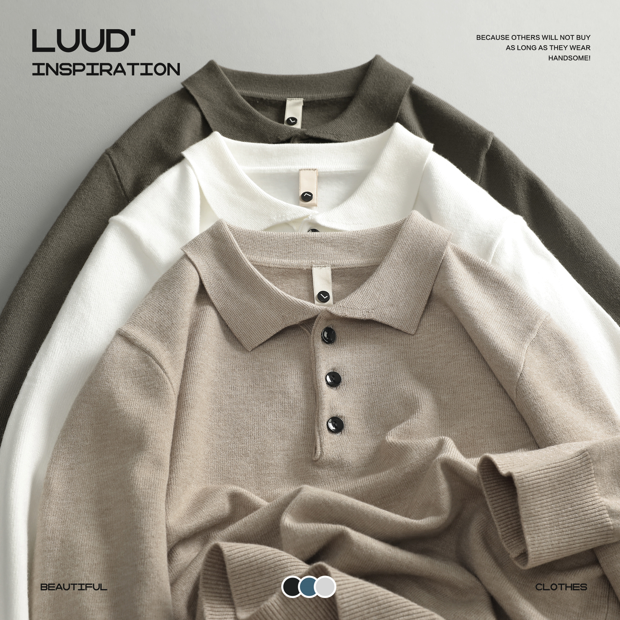 LUUD 莫代尔纯色简约男士修身翻领针织衫发热纤维保暖毛衣秋冬款