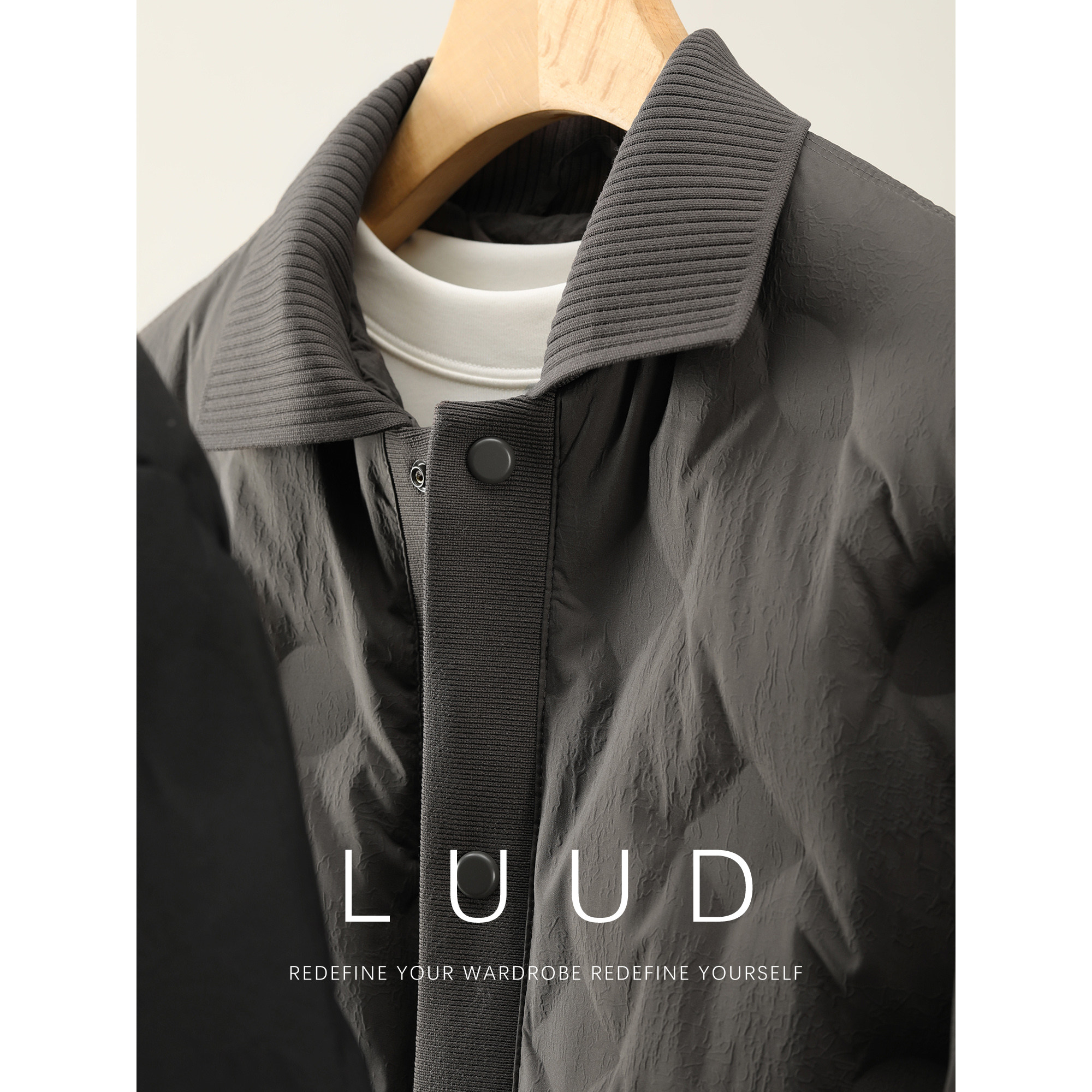LUUD 暗纹肌理白鸭绒圆形压纹羽绒服男冬轻盈保暖针织拼接款外套