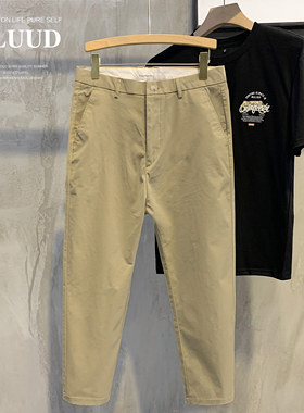 LUUD夏新款韩版卡其布休闲裤男简约复古直筒裤子纯色九分锥形裤子