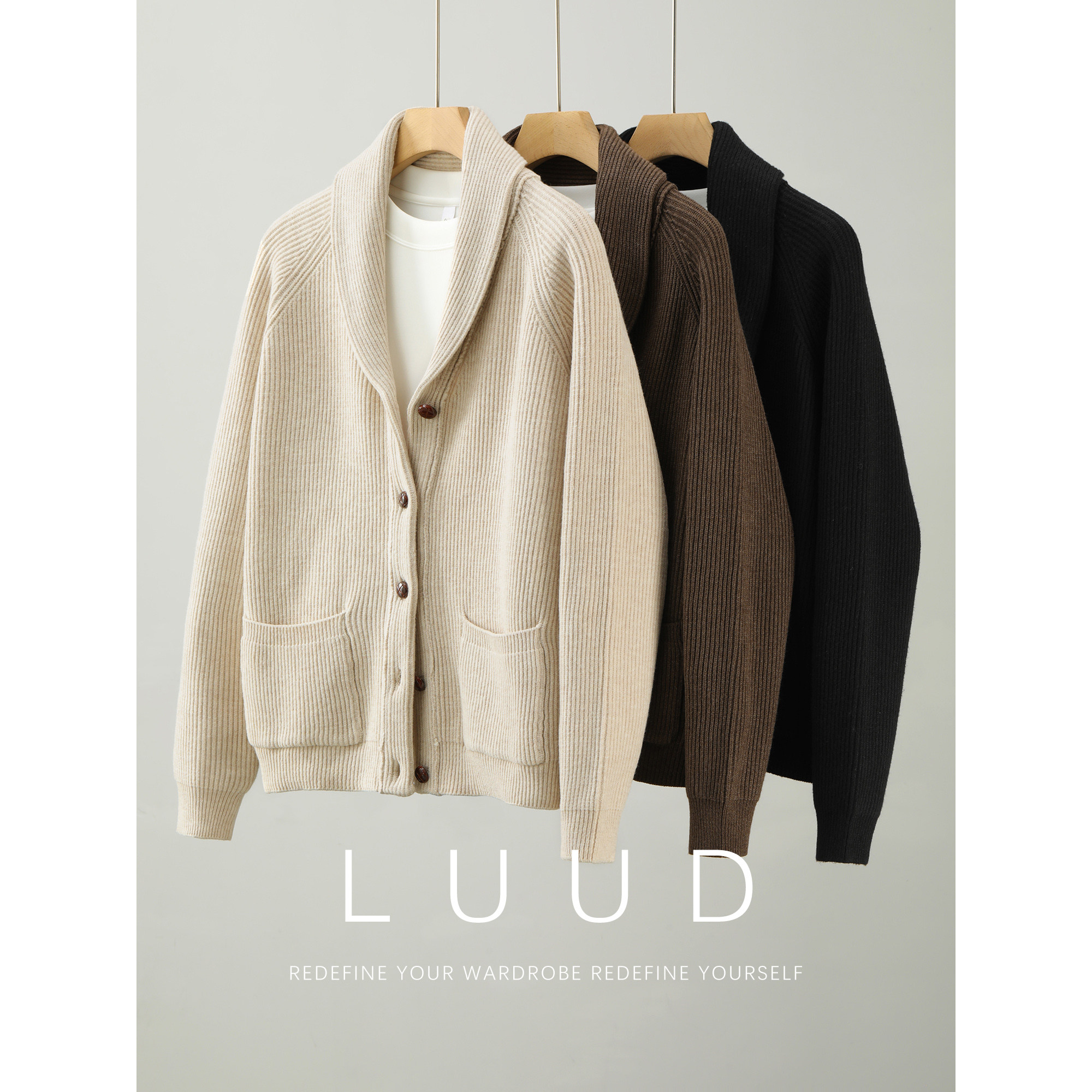 LUUD 男秋冬款简约松弛风青果领毛衣外套老钱双贴袋纽扣针织开衫,男装,针织衫/毛衣,淘宝优惠券,粉丝福利购,淘宝优惠卷