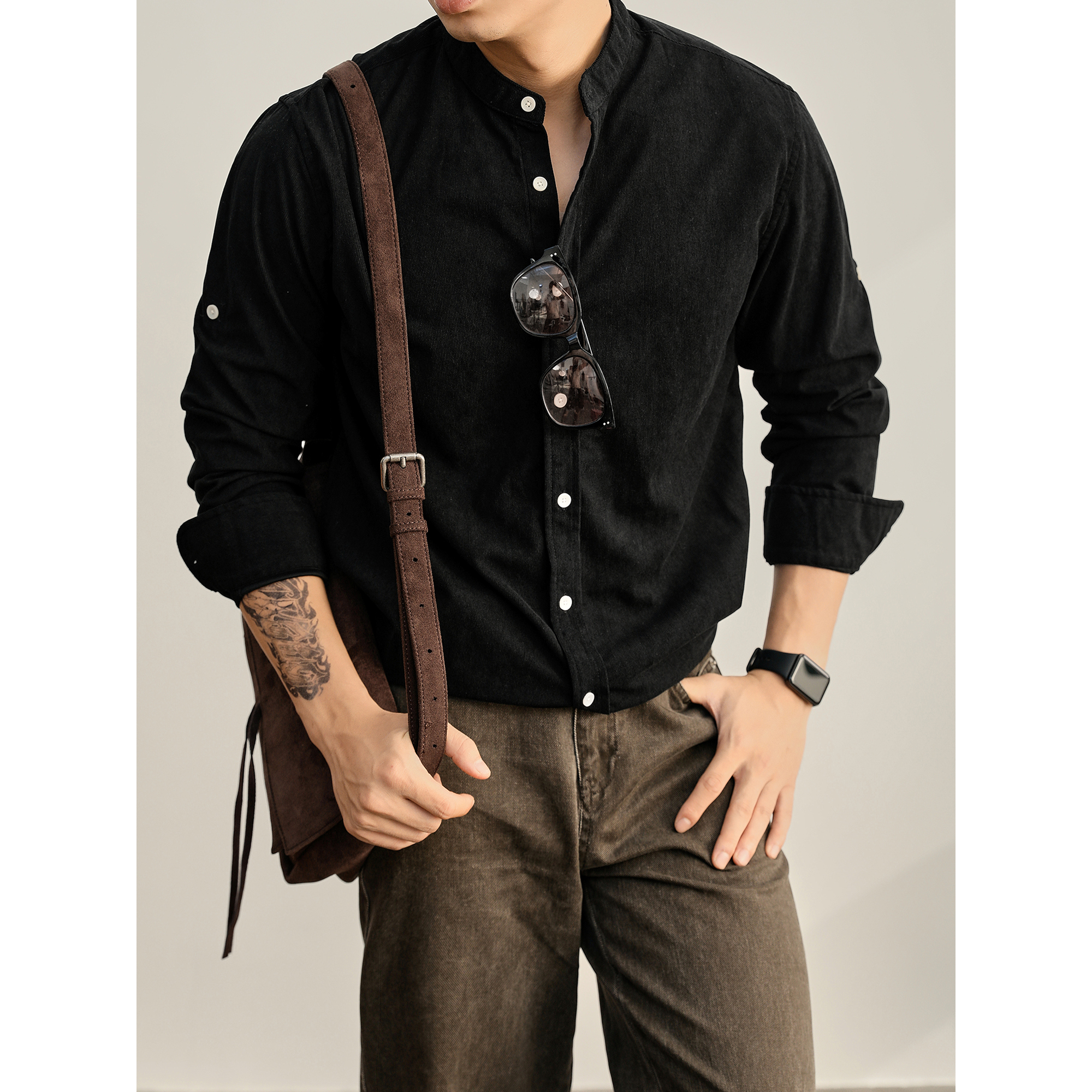 LUUD 高级绅士黑色卷袖长袖衬衫休闲松弛感单排扣磨毛绒立领衬衣