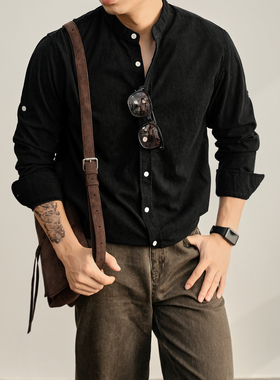 LUUD 高级绅士黑色卷袖长袖衬衫休闲松弛感单排扣磨毛绒立领衬衣