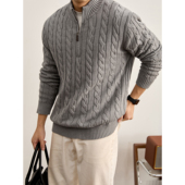 LUUD 轻熟老钱格调半螺纹拉链毛衣男士 100%纯棉麻花编织针织上衣