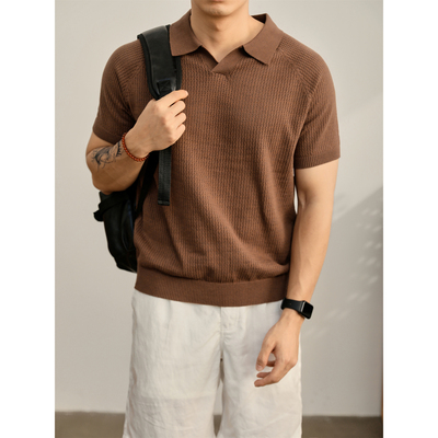 LUUD 复古潮流咖啡色针织POLO衫男透气镂空网孔提花翻领短袖上衣
