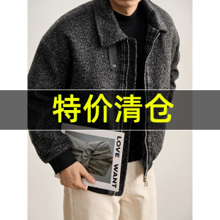特价 多重工艺毛呢格纹拼接夹棉呢料外套假两件泰迪绒翻领夹克男