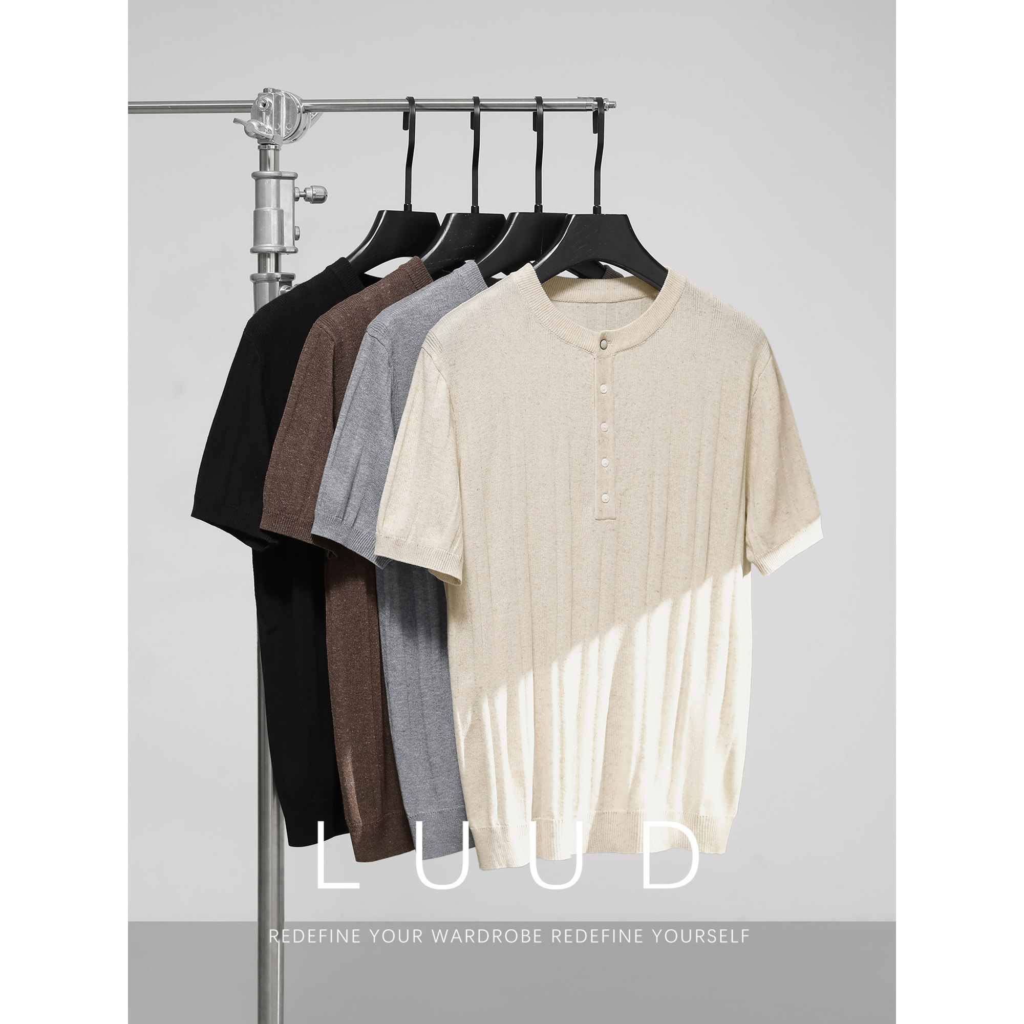 LUUD 夏季亚麻针织坑条纹亨利领上衣男纯色休闲单排扣轻奢短袖T恤,男装,T恤,淘宝优惠券,粉丝福利购,淘宝优惠卷