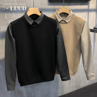 LUUD 秋f冬英伦男士修身加厚假两件针织衫加绒毛衫拼接衬衫领外套