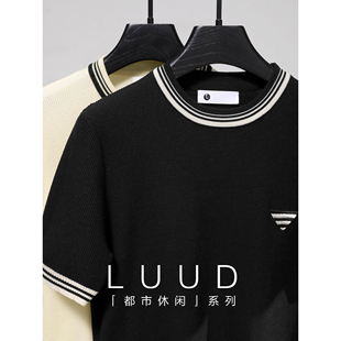 冰爽丝波浪螺纹针织撞色圆领T恤 复古老钱风三角绣标短袖 LUUD 男士