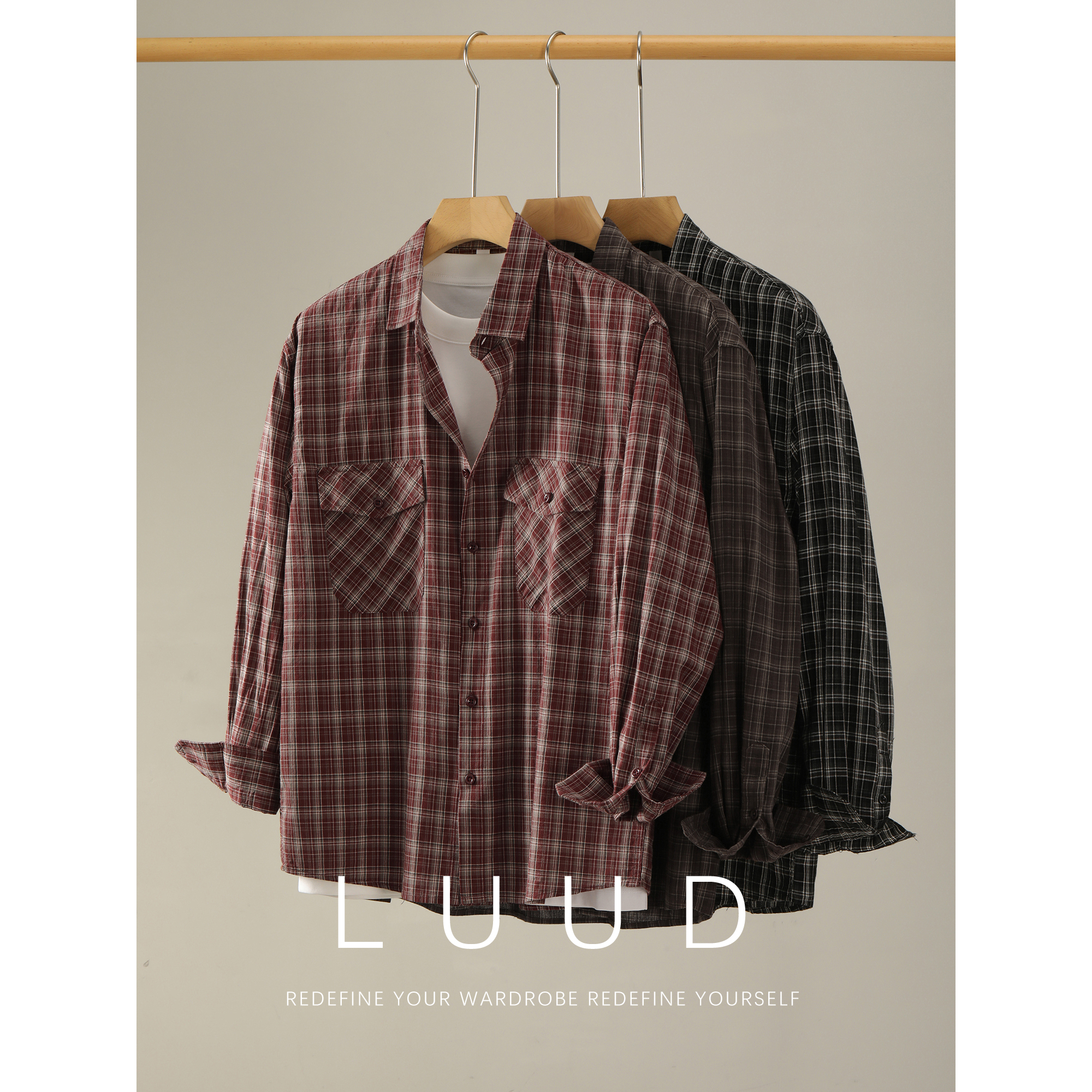 LUUD 复古格子100%纯棉衬衫男士双口袋休闲百搭宽松慵懒衬衣外套