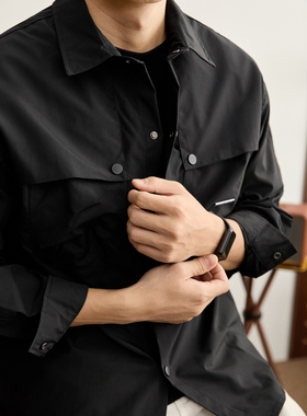 LUUD 潮牌痞帅多口袋按扣门襟衬衫外套格子暗纹肌理防风工装衬衣