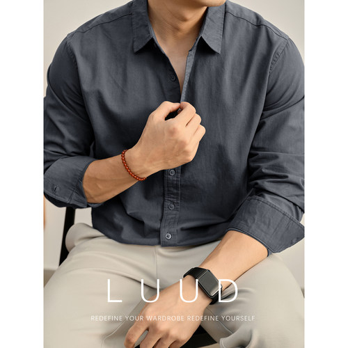 LUUD 高定潮奢100纯棉长袖衬衫男春季新款时尚简约风翻领衬衣外套
