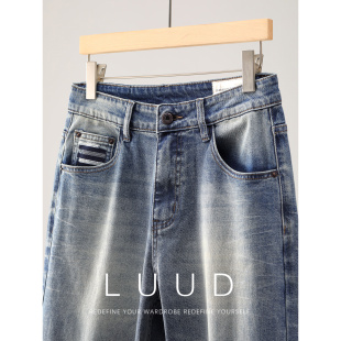 渐变水波纹休闲长裤 LUUD 男士 饰水洗棉直筒牛仔裤 拼色刺绣口袋装