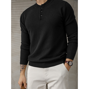 男休闲百搭长袖 针织衫 打底毛线衣 潮流气质范黑色亨利领修身 LUUD