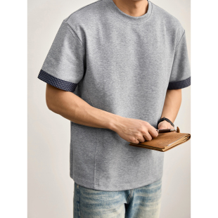 时髦知识分子圆领T恤衫 短袖 男夏季 设计半袖 上衣 撞色格纹卷袖 LUUD