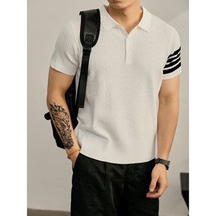 LUUD 冰爽丝针织四条杠短袖男坑条纹麻花肌理感老钱风翻领POLO衫