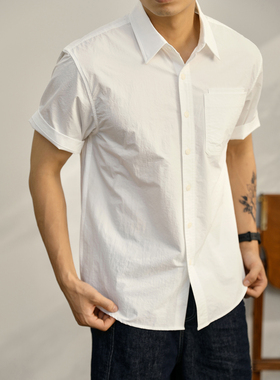 LUUD 绅士气质感白色短袖衬衫男夏季薄款双口袋细腻舒适翻领衬衣