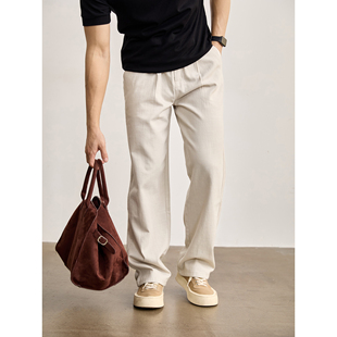 男 调节拼接按扣300g百搭休闲长裤 LUUD 麻纹肌理感半松紧腰直筒裤