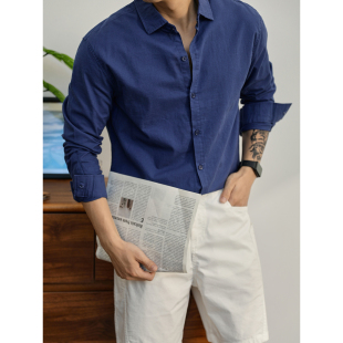 男秋季 衬衫 帅气百搭单排扣翻领品质衬衣 莱茵蓝纯色棉麻长袖 LUUD