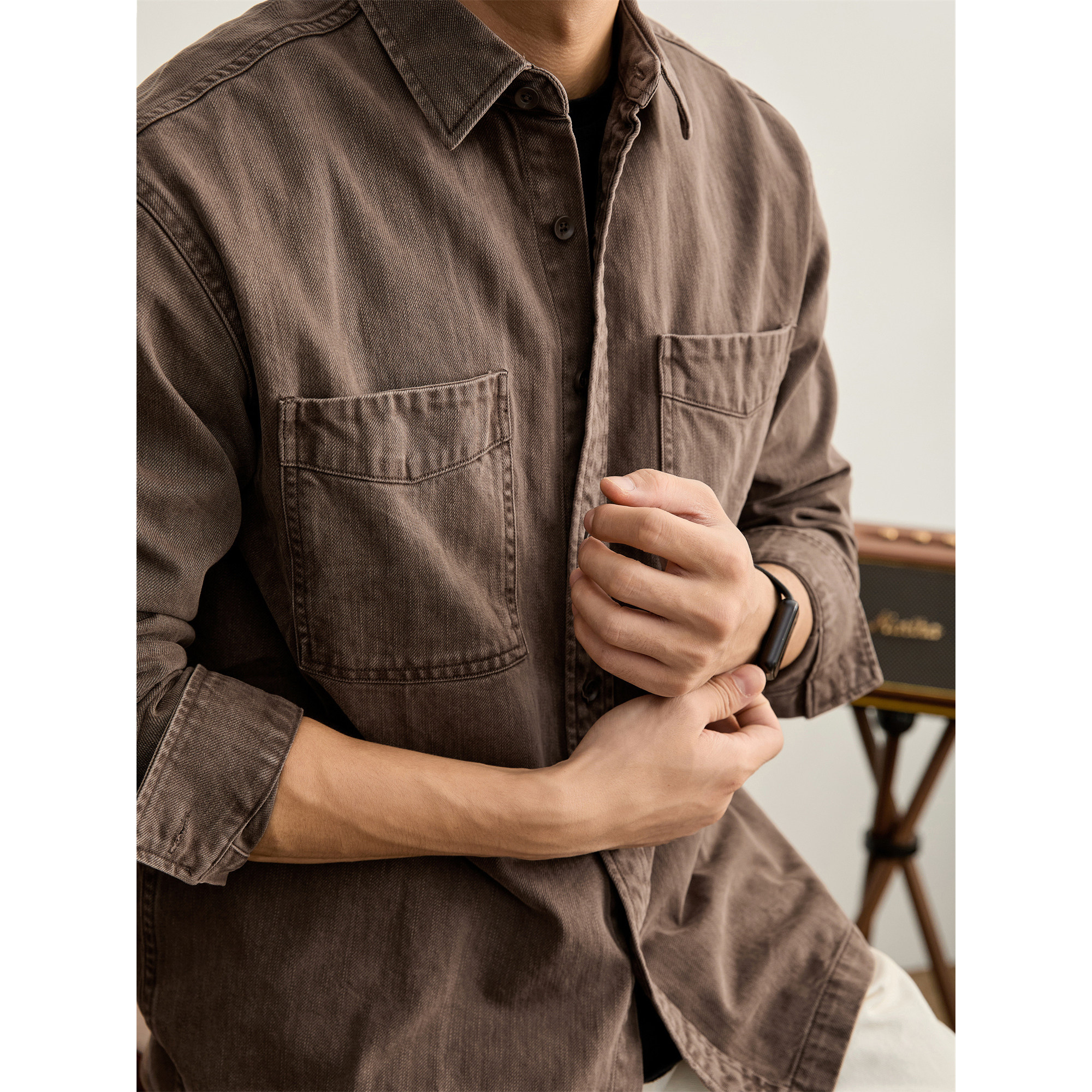 LUUD 复古水洗做旧100%纯棉牛仔衬衫休闲双贴袋阿美咔叽衬衣外套,男装,衬衫,淘宝优惠券,粉丝福利购,淘宝优惠卷