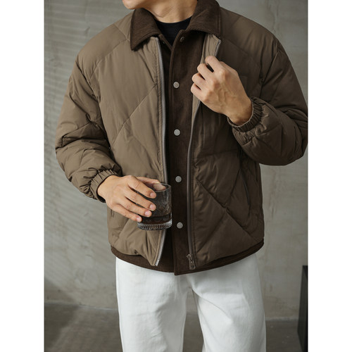 LUUD  户外保暖羽绒服冬季菱格假两件拼接外套潮男翻领夹克上衣