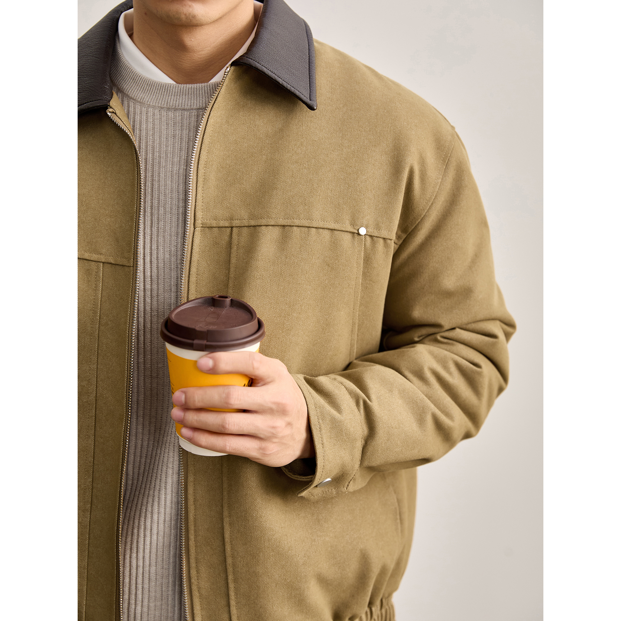 LUUD 硬朗机车风PU皮翻领拼接牛仔羽绒服85白鸭绒填充夹克外套男