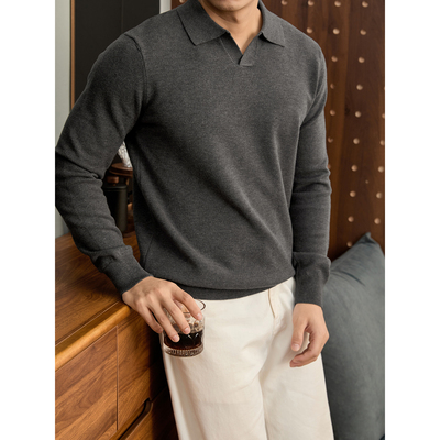 LUUD 亲肤舒适绵羊毛混纺秋冬季海鸥领针织衫男时尚简约翻领毛衣