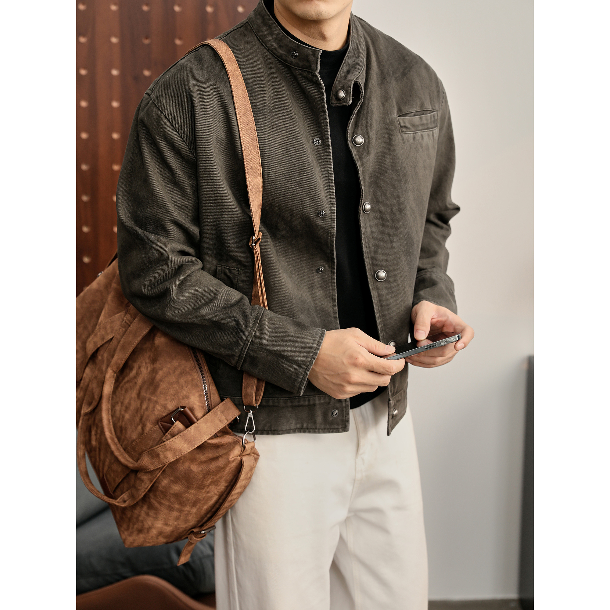 LUUD 金属半圆珠按扣设计立领牛仔夹克男士100%纯棉水洗做旧外套