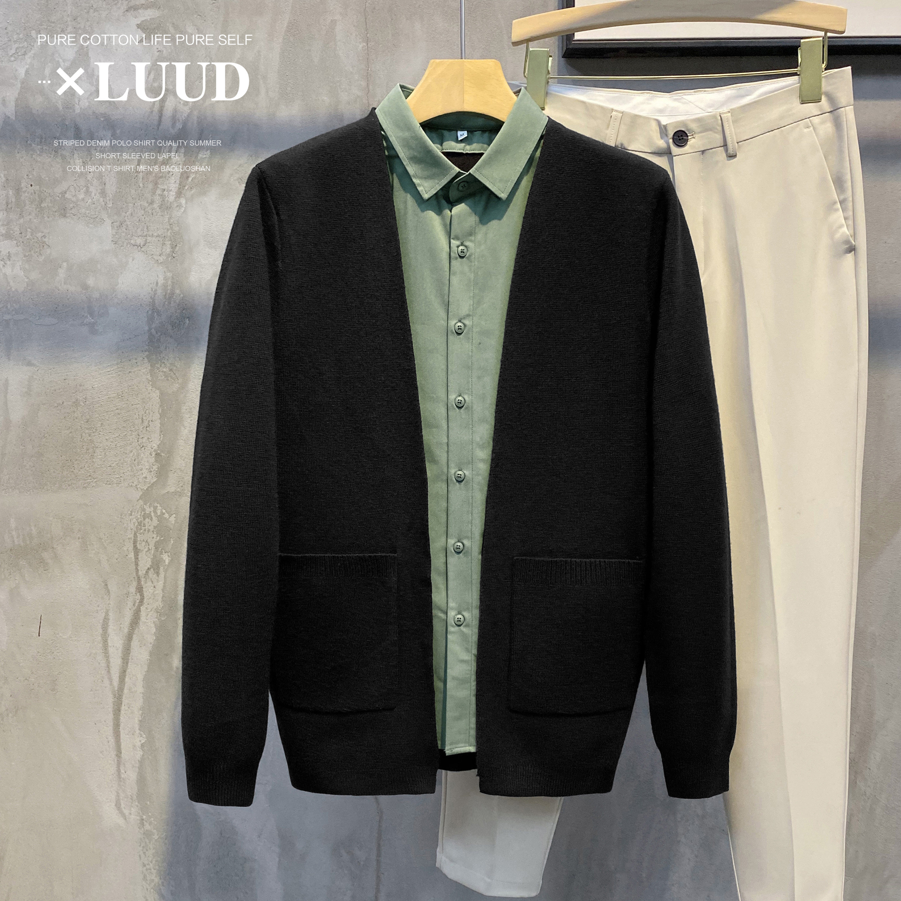 LUUD MENS FAKE TWO-PIECE CASUAL KNIT CARDIGAN FASHION LAPEL PANEL ENGLISH TOP SLIM FIT SHIRT SWEATER