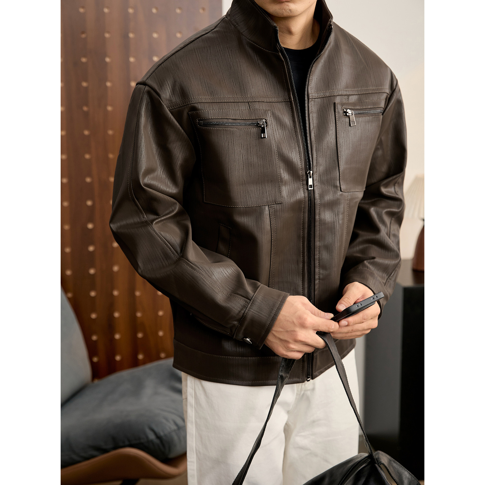 LUUD 高级感蛇纹细肌理立领机车夹克男秋冬时髦多口袋PU皮衣外套