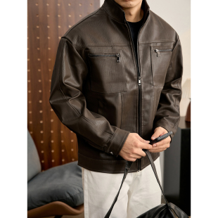 LUUD 高级感蛇纹细肌理立领机车夹克男秋冬时髦多口袋PU皮衣外套