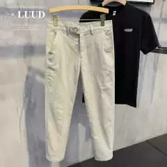 Luud Apricot Vintage Washed Cotton Casual Pants Korean Style Simple Warm Men's Stylish Youth Cropped Pants Slim Fit Tapered