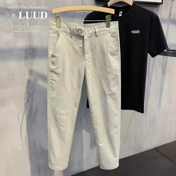 Luud Apricot Vintage Washed Cotton Casual Pants Korean Style Simple Warm Men's Stylish Youth Cropped Pants Slim Fit Tapered