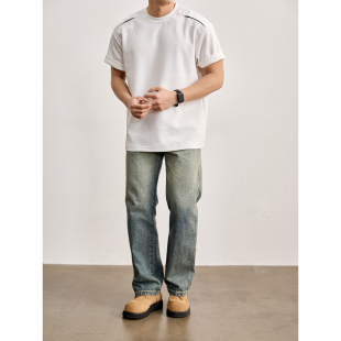 LUUD 男肩部格纹分割拼接设计极简T恤上衣 重磅舒适水洗棉圆领短袖