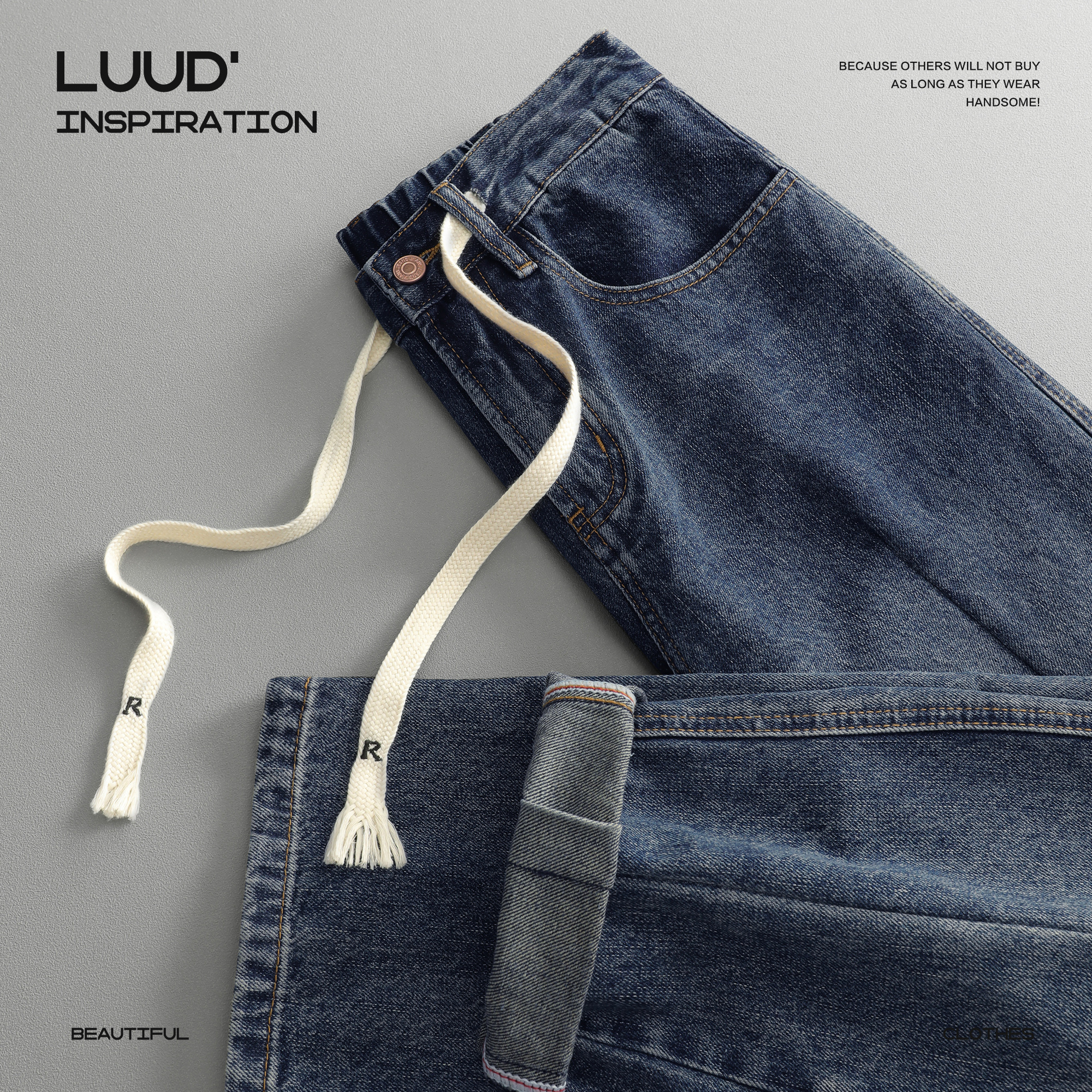 LUUD 水洗做旧牛仔裤男士秋冬高街美式抽绳长裤百搭直筒休闲裤子