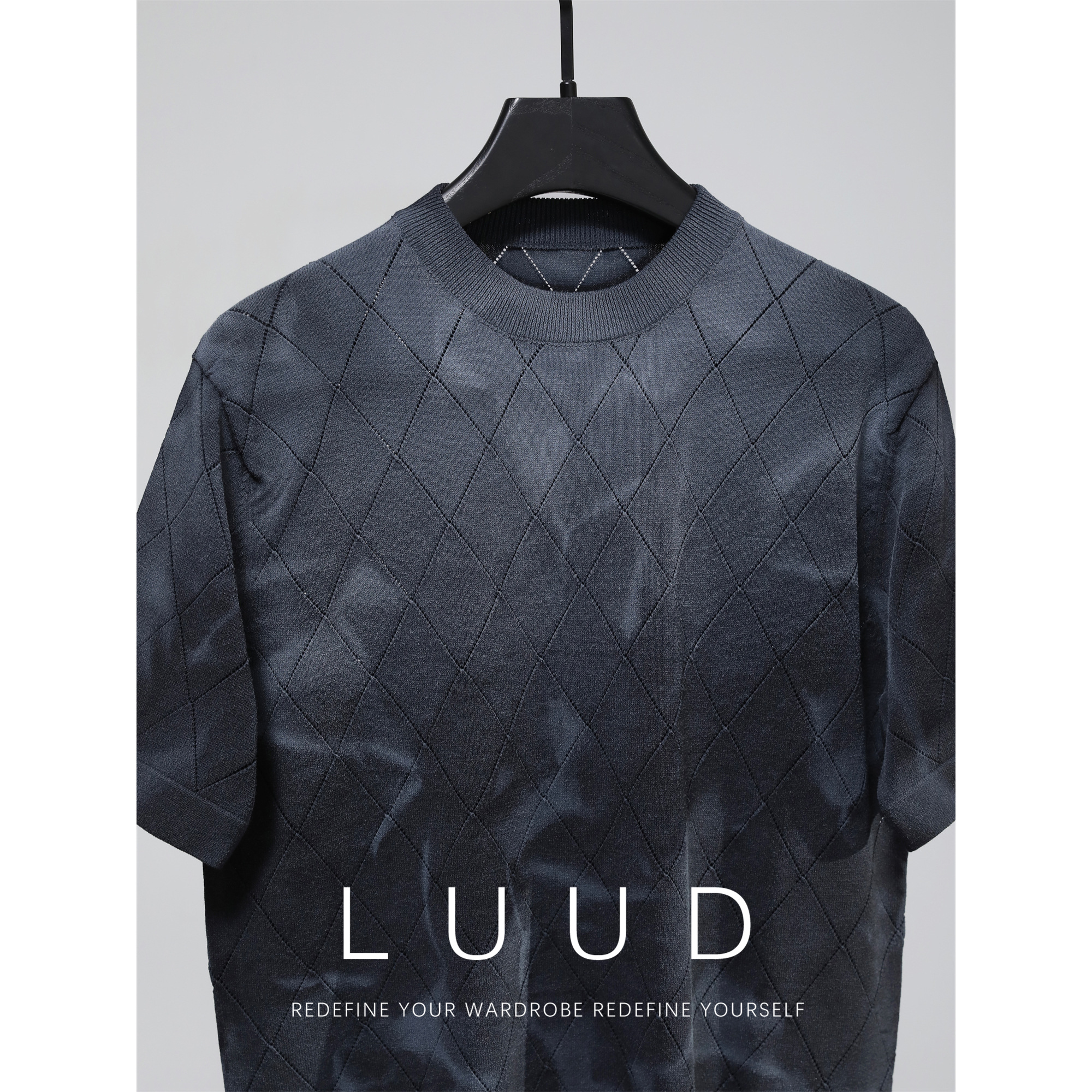 LUUD 时尚满印国潮针织T恤男透气坑条镂空菱格纹理短袖冰丝爽上衣