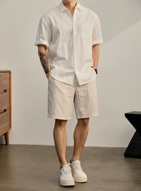 LUUD 干净帅气白色男士衬衫夏季亲肤透气莱赛尔衬衣宽松休闲短袖