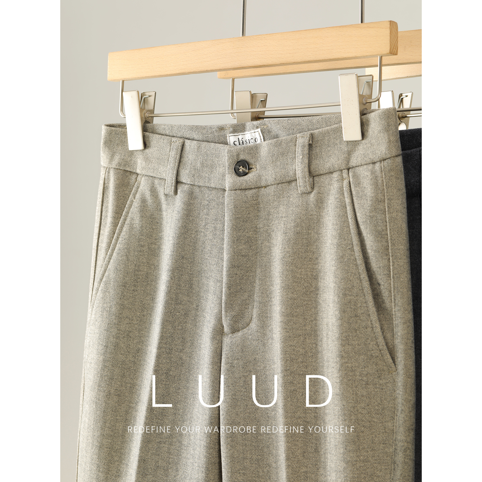 LUUD 波浪纹理感立体裁剪内里磨毛锥形长裤男冬加厚保暖毛呢西裤