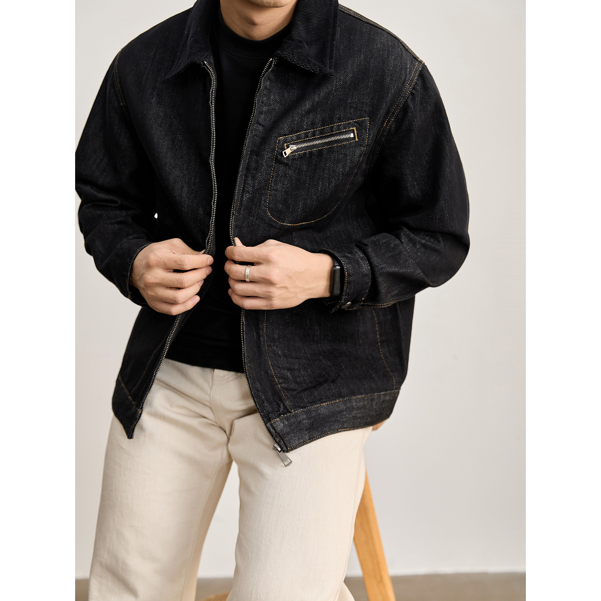 LUUD 撞色明线口袋重磅水洗牛仔外套莱赛尔棉混纺灯芯绒翻领夹克