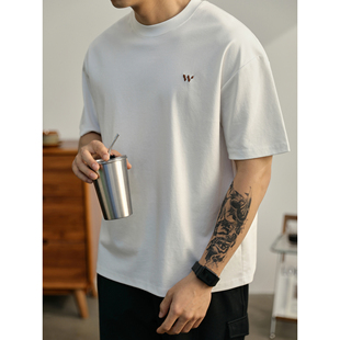 夏季 LUUD 衫 日常百搭白色落肩短袖 棉质上衣 简约小刺绣圆领T恤男士