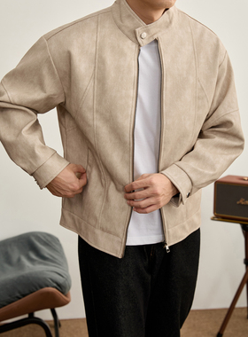 LUUD 简约轻熟风PU皮防风夹克男立体缝线分割结构一粒扣立领外套