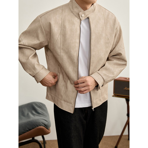 LUUD 简约轻熟风PU皮防风夹克男立体缝线分割结构一粒扣立领外套