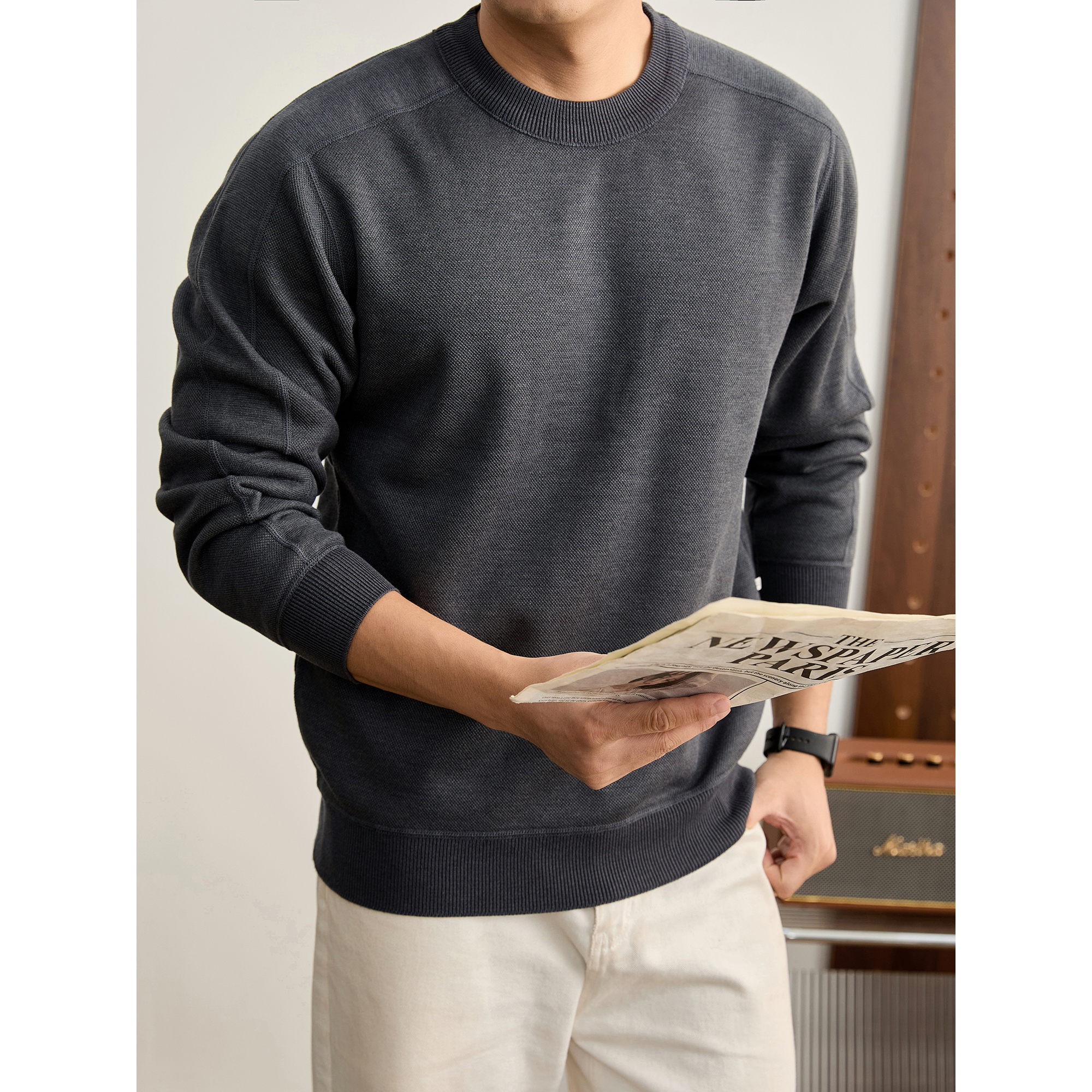 LUUD 休闲通勤重磅360g圆领卫衣男冬款一体绒抗起球加绒针织毛衣