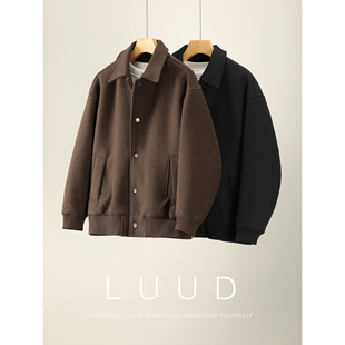 LUUD 高品质灯芯绒翻领拼接毛呢外套男罗纹下摆羊毛混纺保暖夹克