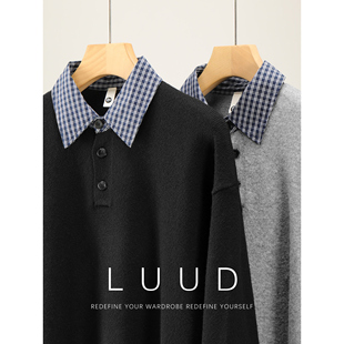 领拼接POLO衫 学院风假两件针织毛衣羊毛混纺格纹衬衫 男 美式 LUUD