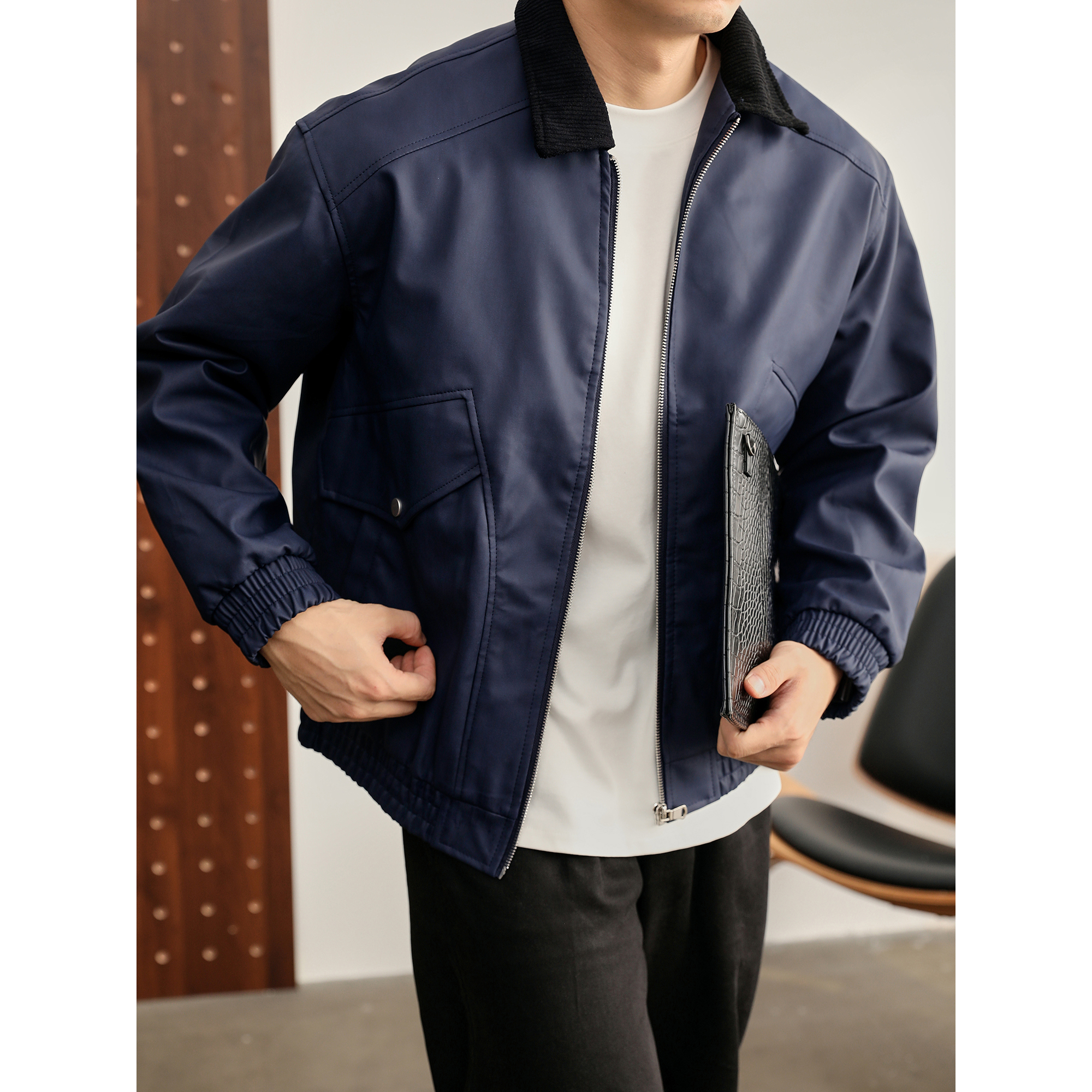 LUUD 潮流痞帅灯芯绒翻领皮衣外套男士PU皮户外防风拉链工装夹克