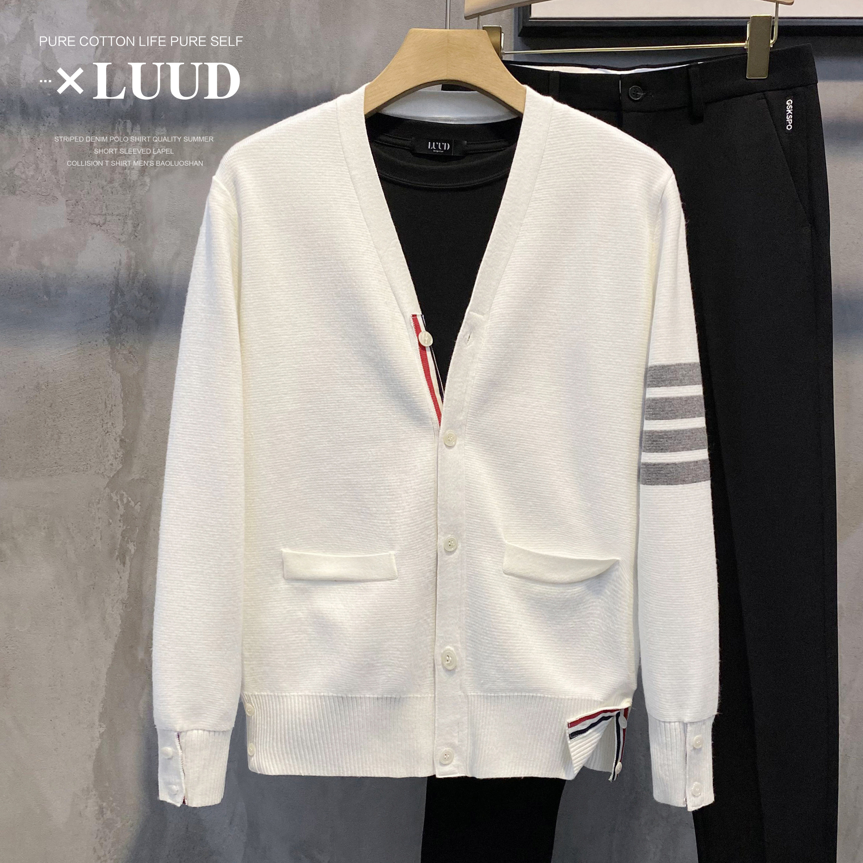 LUUD 유럽 대비 컬러 리본 니트 가디건 남성 한국 스타일 잘 생긴 트렌디 스웨터 슬림 캐주얼 자켓